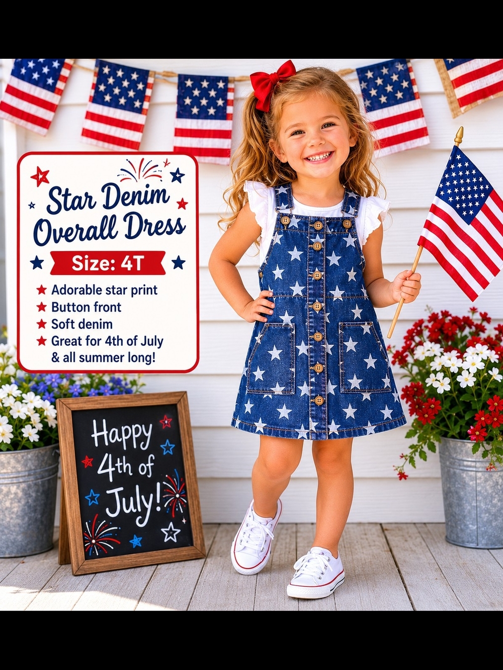 wonder nation Blue Star Denim Overall Dress with White Stars